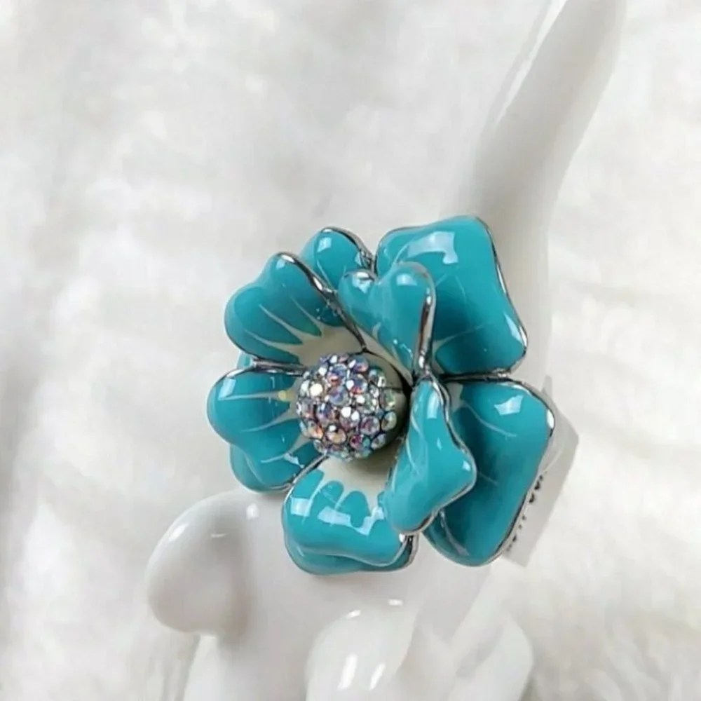 Blue Flower Statement Chunky Ring Stainless Steel Nickel Free Hypoallergenic